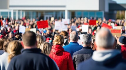 Union leaders passionately addressing a diverse crowd of strikers, advocating for workers' rights and solidarity in the fight for better conditions. Collective action and unity in the struggle for jus