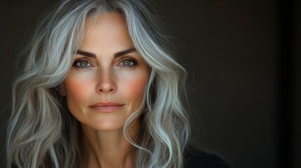 Naklejka premium a model in her forties with half of her hair is white and the other half is brown
