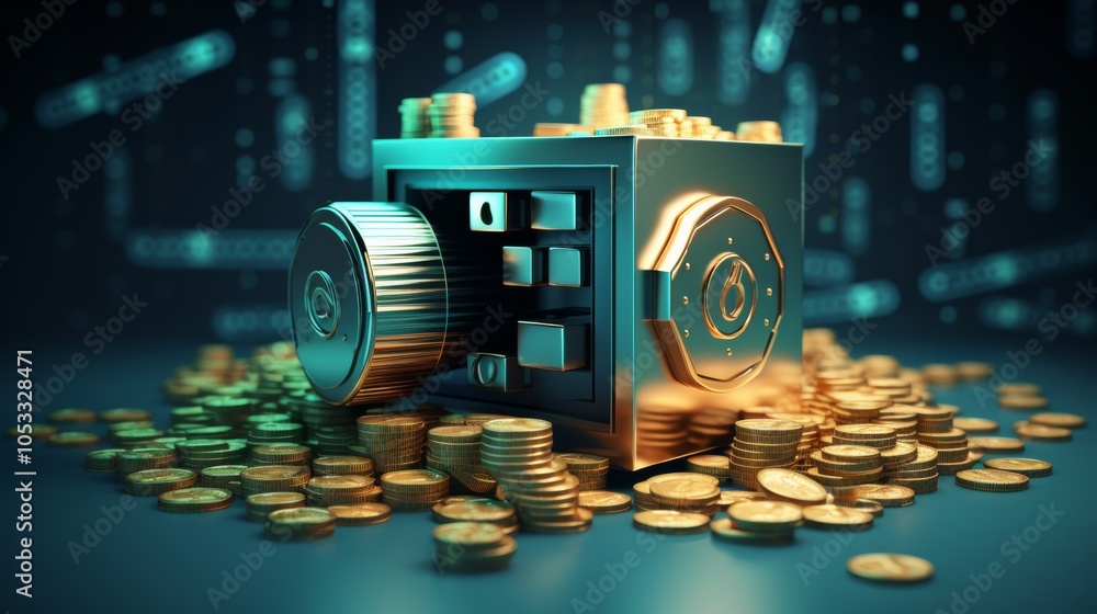 Poster security in cash and currency transactions shown with secure vaults and digital protection icons
