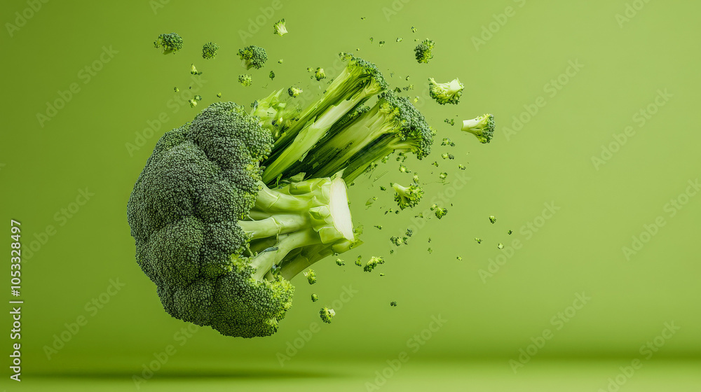 Poster exploding broccoli: a vibrant, dynamic image of a broccoli head exploding into pieces against a matc