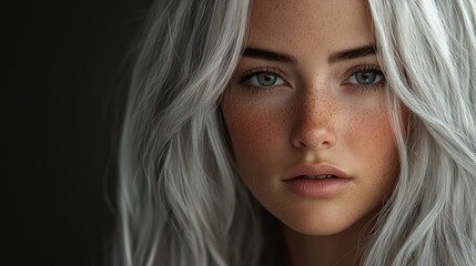 Naklejka premium a model in her forties with half of her hair is white and the other half is brown