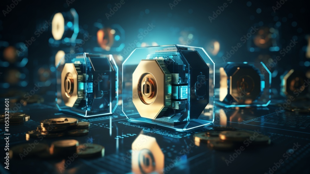 Poster security in finance management shown with digital vaults and protection icons