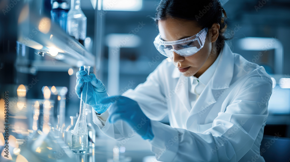Poster laboratory technician conducting experiments with precision and focus, wearing protective gear and w