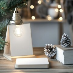 Cozy Christmas Greeting Card Setup on Wooden Desk