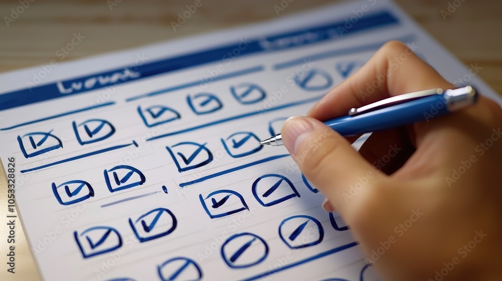 Poster hand writing checkmarks on a checklist document