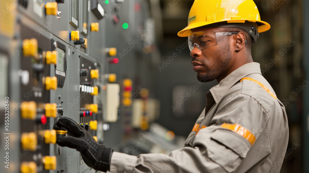 Poster electrical engineer working in technical environment, focused on control panel operations. individua