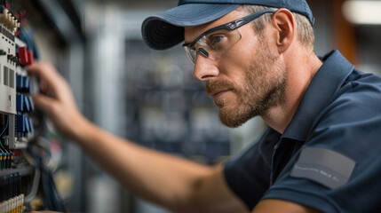 Obraz premium Electrical engineer working in technical environment, focused on wiring and circuitry. concentration and expertise are evident as he interacts with complex systems