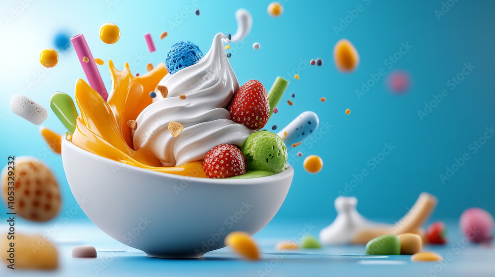 Poster frozen yogurt explosion: a vibrant burst of color and texture as a bowl of frozen yogurt is adorned 