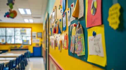 Classroom Bulletin Board Showcasing Student Artwork