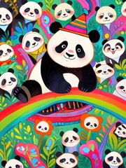 Naklejka premium Smiling Panda in a Whimsical Floral Setting