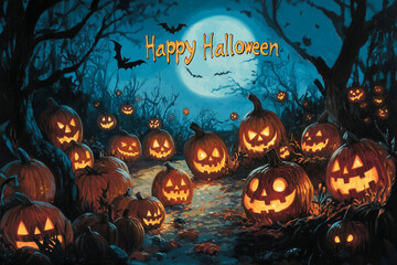 Fototapeta premium A moonlit pumpkin patch with various carved jack-o'-lanterns lighting up the scene