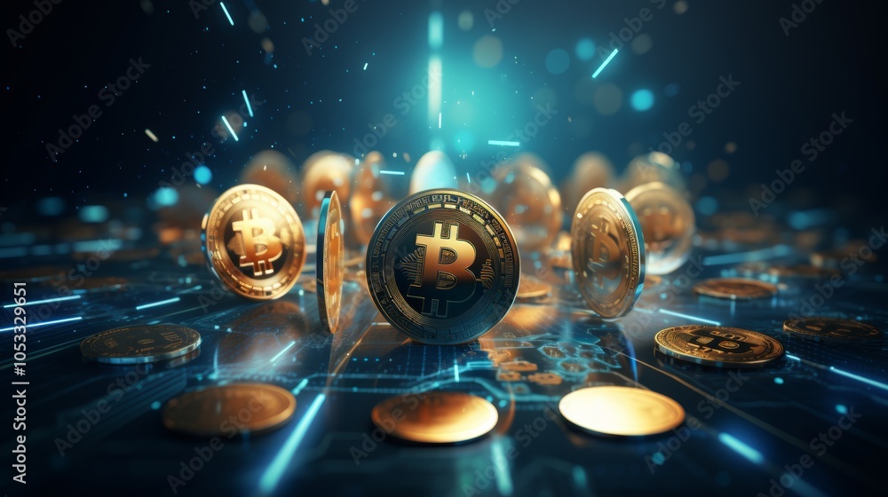 Fototapete transactions involving digital currency represented by blockchain symbols and secure digital payment