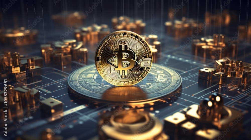 Poster Transactions involving digital currency represented by blockchain symbols and secure digital payments