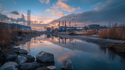 Industrial Sunset Reflection on Still Water