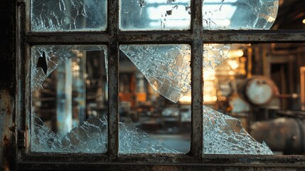 Broken Window with a View of an Industrial Interior