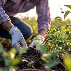 Naklejka premium A scientist wearing white gloves inspecting rows of green plants, Hands in Gloves Inspecting Cannabis Plants