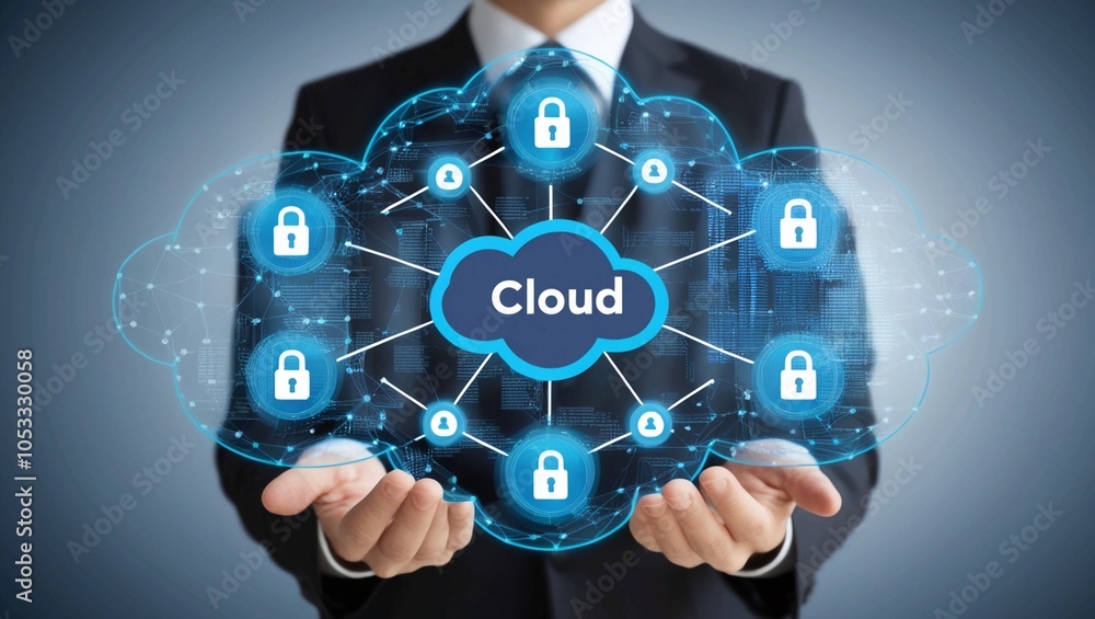 Poster a cloud computing network visualization with secure data links and lock symbols, highlighting data p