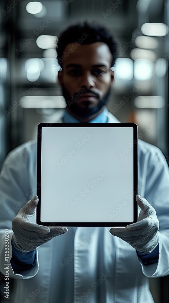 Aufkleber a scientist in a white lab coat holds a tablet with a blank screen in front of him.