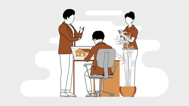 Couples will demand payment for loss of housing. Disgruntled evicted tenants demand compensation, speak to government representative. 3d animation. Faceless.