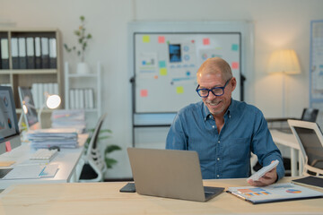 Smiling mature businessman using laptop and checking financial reports while sitting at his desk in modern office, working with documents and enjoying his job