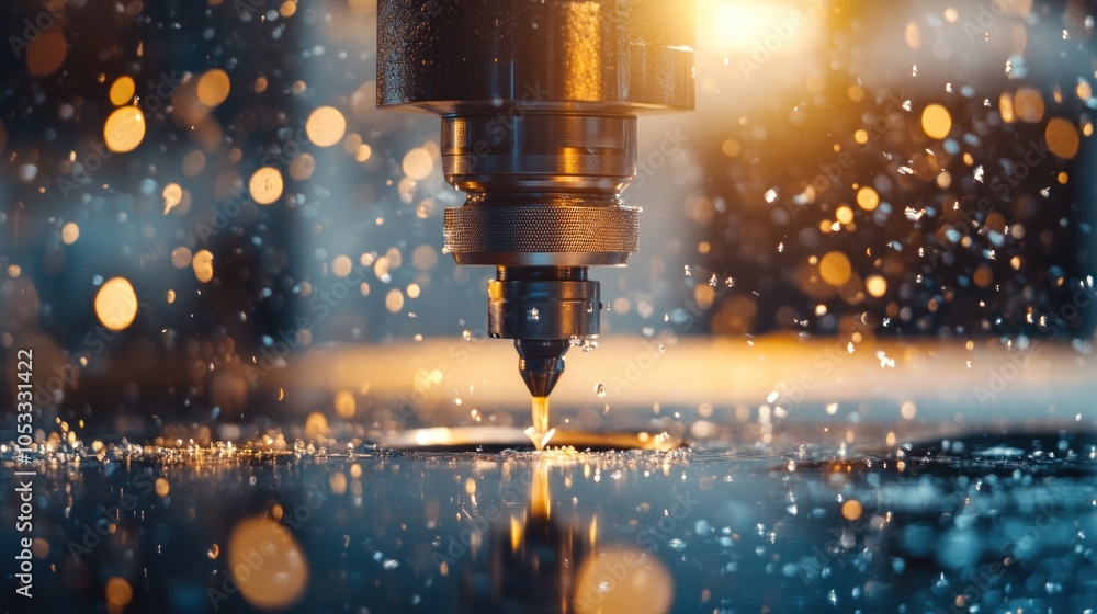 Poster close-up of a precision machining process with droplets and bokeh lighting effects.
