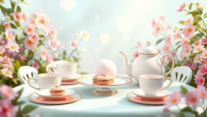 Fototapeta premium Elegant Afternoon Tea Setting in a Blooming Garden