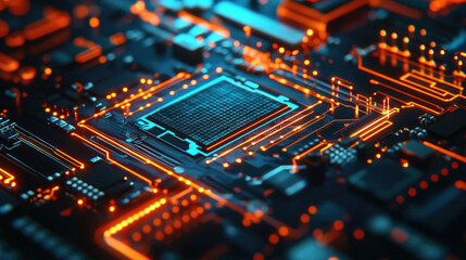 Obraz premium Detailed futuristic chip mobile technology design with intricate circuitry, glowing light elements and advanced microprocessors