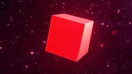 Floating red cube. A bright red cube slowly rotating and floating through space with shining red stars. Abstract texture.