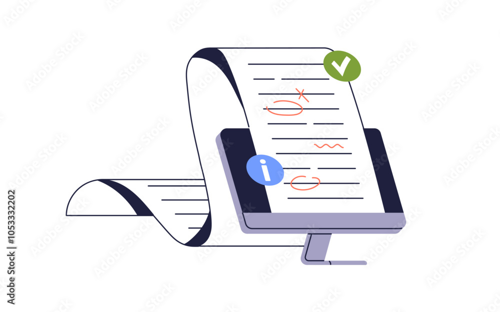 Aufkleber Proofreading and document editing concept. Checking, searching, correcting text for mistakes, grammar. Online service for writing revision. Flat vector illustration isolated on white background