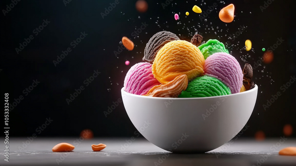 Poster Ice Cream Explosion: A vibrant bowl of assorted ice cream scoops, bursting with a colorful cascade of toppings, creating a playful and delicious visual feast.