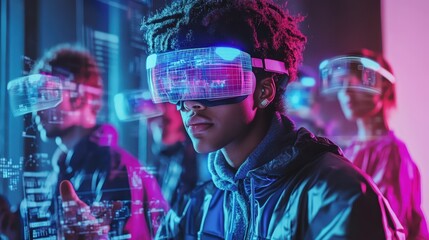 Fototapeta premium Young professionals in futuristic workspace using augmented reality headsets and holographic screens for collaborative digital project, surrounded by neon lighting and immersive virtual interface