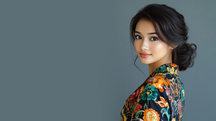 Malay woman in traditional batik cloth isolated on gray copy space