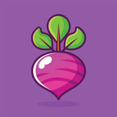 A cartoon illustration of a pink radish with three green leaves.