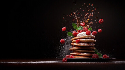 Pancake Paradise: A mouthwatering stack of fluffy pancakes, adorned with fresh raspberries, whipped cream, and a dramatic splash of sauce, creates a delectable visual feast against a dark background.