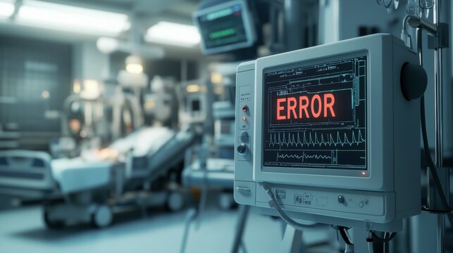 A medical monitor displays a critical "ERROR" message in a hospital room, indicating a potential emergency situation with a patient in the background.