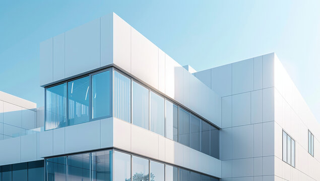 Ultra Modern hospital, office building with a white and blue glass exterior, featuring sleek lines and advanced technological features architecture's design against a clear sky background.