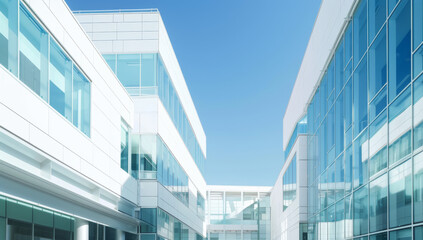Ultra Modern hospital, office building with a white and blue glass exterior, featuring sleek lines and advanced technological features architecture's design against a clear sky background.