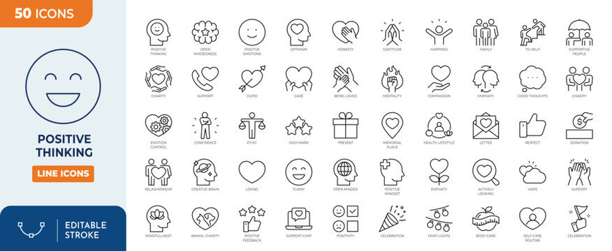 Positive Thinking icon set. Open mind, mindset, smart think, good people, good habits, brain process, design thinking icon. Outline Icon Collection. Editable stroke. Vector illustration