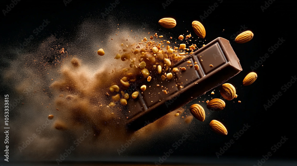Poster chocolate explosion with almonds: a decadent bar of dark chocolate, studded with roasted almonds, ex