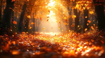 Fototapeta premium A serene autumn scene featuring a pathway lined with vibrant orange and yellow leaves, illuminated by warm sunlight filtering through a canopy of trees, creating a magical atmosphere.