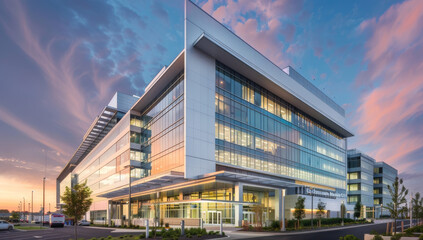 Obraz premium Ultra Modern hospital, office building with a white and blue glass exterior, featuring sleek lines and advanced technological features architecture's design against a clear sky background.