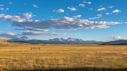 Obraz premium A vast grassland under a blue sky with distant mountains and scattered clouds.