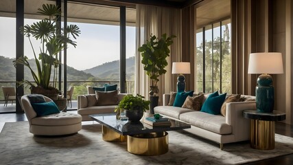 Ultra-Modern Living Room in a Serene Natural Setting: A Harmonious Blend of Luxury and Eclectic Elegance. (AI-Generated) 