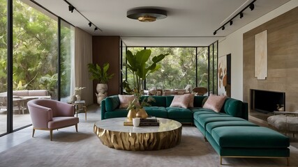 Fototapeta premium Ultra-Modern Living Room in a Serene Natural Setting: A Harmonious Blend of Luxury and Eclectic Elegance. (AI-Generated) 