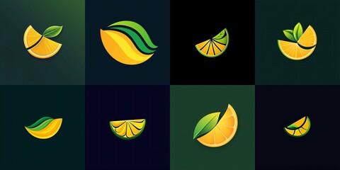 Obraz premium A vibrant logo showcases a stylized citrus slice in bright yellow and green, with dynamic lines and curves symbolizing freshness.