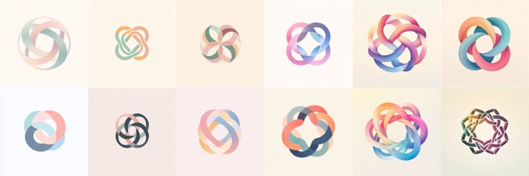 A modern circular logo with interlocking shapes in soft pastel hues, representing harmony and balance.