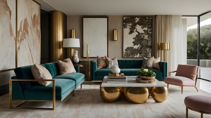 Fototapeta premium Ultra-Modern Living Room in a Serene Natural Setting: A Harmonious Blend of Luxury and Eclectic Elegance. (AI-Generated) 