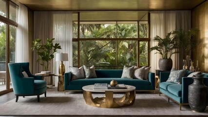 Fototapeta premium Ultra-Modern Living Room in a Serene Natural Setting: A Harmonious Blend of Luxury and Eclectic Elegance. (AI-Generated) 