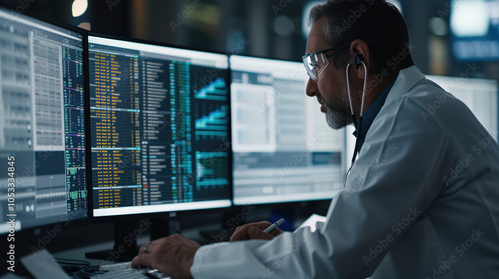Poster focused electrical engineer in safety gear analyzes data on multiple computer screens, showcasing hi