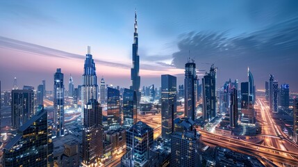 Obraz premium Futuristic cityscape a vibrant skyline showcasing illuminated skyscrapers and advanced urban life
